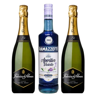 PACK RAMAZZOTTI VIOLETTO - FEDERICO ALVEAR: 1x Licor Aperitivo Ramazzotti Violetto 700cc + 2x Espumante Federico de Alvear Extra Brut 750cc