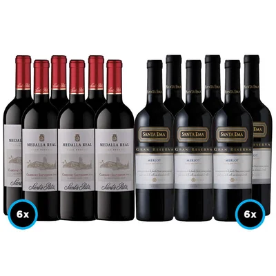 PACK SANTA EMA REAL: 6x Vino Medalla Real Gran Reserva Cabernet Sauvignon 750cc + 6x Vino Santa Ema Gran Reserva Merlot 750cc