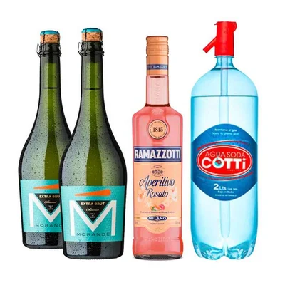 PACK SPRITZ PERFECTO (RAMAZZOTTI - MORANDE): 1x Licor Aperitivo Ramazzotti Rosatto 700cc + 2x Espumante Morande Extra Brut Charmat 750cc + 1x Agua Soda Cotti 2 Litros