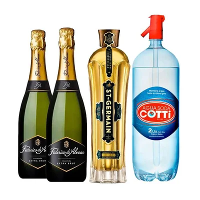 PACK SPRITZ PERFECTO (ST GERMAIN - FEDERICO DE ALVEAR): 1x Saint Germain Licor de Flores de Sauco 750cc + 2x Espumante Federico de Alvear Extra Brut 750cc + 1x Agua Soda Cotti 2 Litros