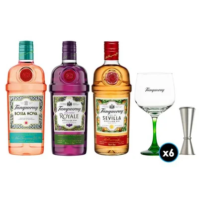 PACK TANQUERAY: 1x Gin Tanqueray Bossa Nova 700cc +1x Gin Tanqueray Royale 700cc +1x Gin Tanqueray Sevilla 700cc +6x Copón Vidrio Tanqueray +1x Jigger JW