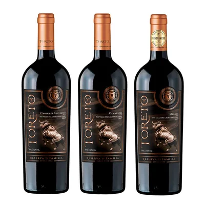 PACK TORETO FAMILIA N°1: 1x Vino Toreto Reserva de Familia Carmenere 750cc + 1x Vino Toreto Reserva de Familia Cabernet Sauvignon 750cc + 1x Vino Toreto Reserva de Familia Merlot 750cc