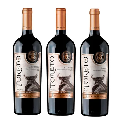 PACK TORETO GRAN N°1: 1x Vino Toreto Gran Reserva Carmenere 750cc + 1x Vino Toreto Gran Reserva Cabernet Sauvignon 750cc + 1x Vino Toreto Gran Reserva Merlot 750cc