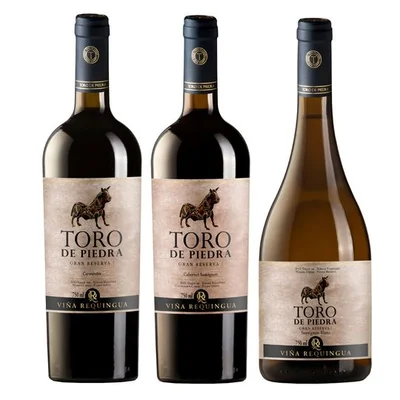 PACK TORO DE PIEDRA GRAN RESERVA: 1X Vino Toro de Piedra Gran Reserva Carmenere 750cc + 1X Vino Toro de Piedra Gran Reserva Cabernet Sauvignon 750cc + 1X Vino Toro de Piedra Gran Reserva Sauvignon Blanc 750cc