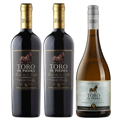 PACK TORO DE PIEDRA RINCIÓN DE LOS VIENTOS: 1X Vino Toro de Piedra Rincón de los Vientos Carmenere 750cc + 1X Vino Toro de Piedra Rincón de los Vientos Cabernet Sauvignon 750cc + 1X Vino Toro de Piedra Edición Costera Sauvignon Blanc 750cc