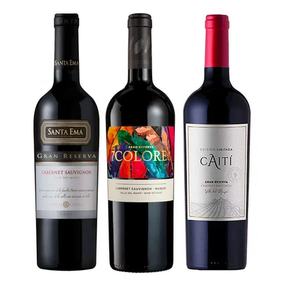 PACK TRIO CABERNET SAUVIGNON GR: Vino 7 Colores GR CS + Vino Caiti GR CS + Vino Santa Ema GR CS