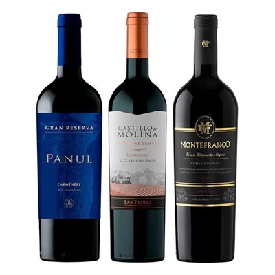 PACK TRIO GR (Carmenere): Vino Panul Gran reserva Carmenere 750cc + Vino MonteFranco Gran Etiqueta Negra Carmenere 750cc + Vino Castillo de Molina Gran Reserva Carmenere 750cc
