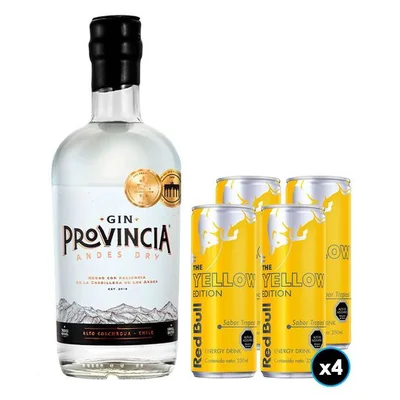 PACK TROPICAL GIN N°1: 1x Gin Provincia - Andes Dry 700cc + 4x Bebida Energética Red Bull Yellow Edition en Lata 250cc