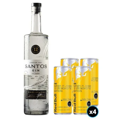 PACK TROPICAL GIN N°2: 1x Gin Santos 40°alc. 750cc + 4x Bebida Energética Red Bull Yellow Edition en Lata 250cc
