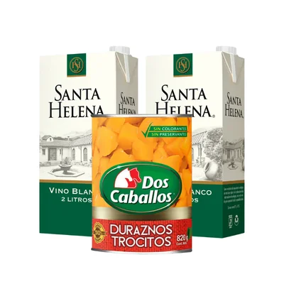 "Pack ""Vino con Durazno"": 2x Vino Blanco Santa Helena 2L + Durazno en conserva Dos Caballos Cubitos 820gr"
