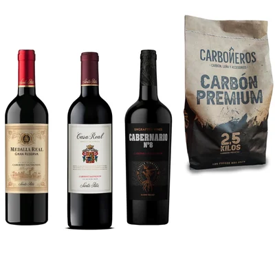 Pack Vinos Gran Reserva Cabernet Sauvignon Santa Rita + Carbón Premium Carboneros 2,5 Kg