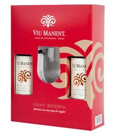 PACK VIU MANENT GR + COPA: 1x Vino Viu Manent Gran Reserva Cabernet Sauvignon 750cc + 1x Vino Viu Manent Gran Reserva Carmenere 750cc + 1x Copa Viu Manent