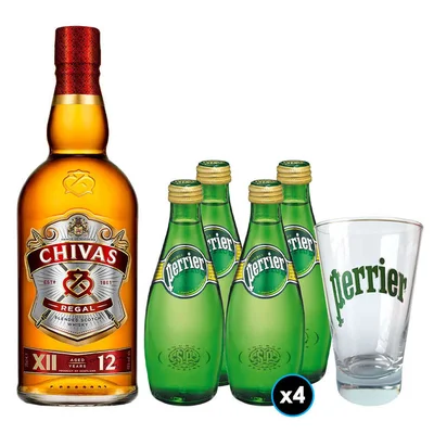 PACK WHISKY-PERRIER N°3: 1x Whisky Chivas Regal 12 Años 750cc 40° alc. + 4x Agua Perrier Con Gas en Botella 330cc + 1 Vaso Perrier
