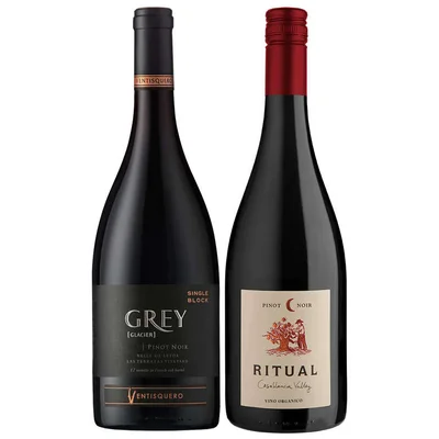 PACK X2 PINOT NOIR [LEYDA, CASABLANCA]: Vino Ventisquero Grey Pinot Noir 750cc + Vino Ritual Pinot Noir Orgánico 750cc