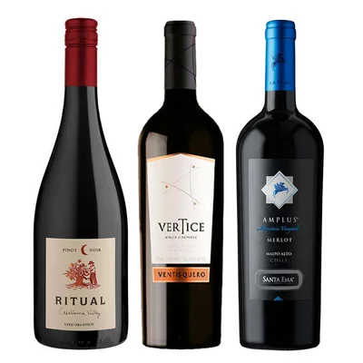 PERFECT WINE PACK: Vino Ritual Pinot Noir Orgánico 750cc + Vino Ventisquero Vértice 750cc + Vino Santa Ema Amplus Merlot 750cc