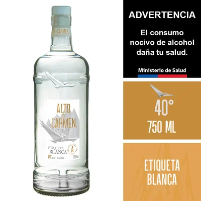 Pisco Alto del Carmen etiqueta blanca botella 750 cc