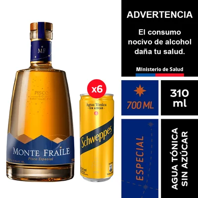 Pisco Monte Fraile Reservado 37,5° 700 Ml. + Schweppes Agua Tónica Sin Azúcar 6 X 310 Ml
