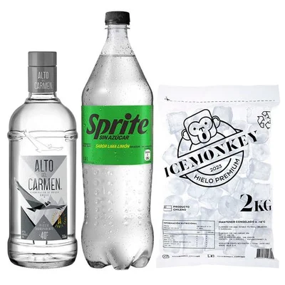 PROMO ALTO TRANSPARENTE + SPRITE ZERO 1.5 LTS + HIELO: Pisco Alto del Carmen Transparente 750cc 40º alc. + Bebida Sprite Sin Azúcar 1.5 L  + Hielo Ice Monkey 2 kg.
