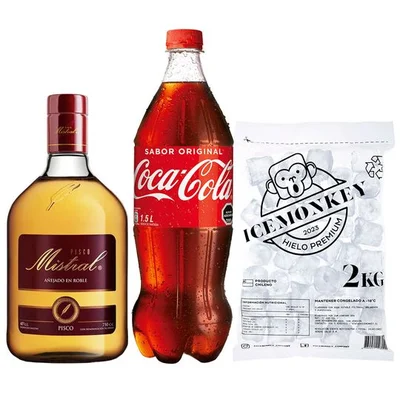 PROMO MISTRAL 40° + BEBIDA + HIELO: Pisco Mistral 750cc 40º alc. + Bebida Coca Cola 1.5 L + Hielo Ice Monkey 2 kg.