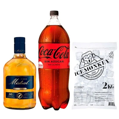 PROMO MISTRAL LITRO + BEBIDA ZERO 3 LTS + HIELO: Pisco Mistral Añejado 1 Litro 35º alc. + Bebida Coca Cola Zero Azúcar 1.5 L + Hielo Ice Monkey 2 kg.