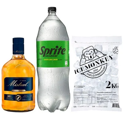 PROMO MISTRAL LITRO + SPRITE ZERO 3LTS + HIELO: Pisco Mistral Añejado 1 Litro 35º alc. + Bebida Sprite 3 L + Hielo Ice Monkey 2 kg.