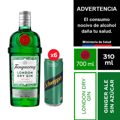 Tanqueray 700 Ml. + Schweppes Ginger Ale Sin Azúcar 6 X 310 Ml.