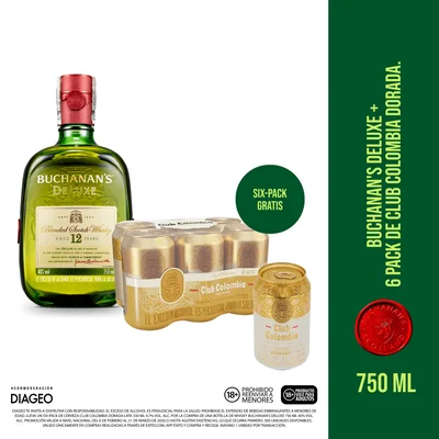 Buchanan's Deluxe 750 ml + Gratis Six Pack Club Colombia Dorada Lata 330 ml