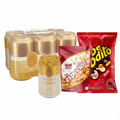 Combo Mundial 2 Cerveza CLUB COLOMBIA lata dorada (1980 + Pasabocas DETODITO de BBQ (165 gr) + Maní LA ESPECIAL con sal (180 gr)