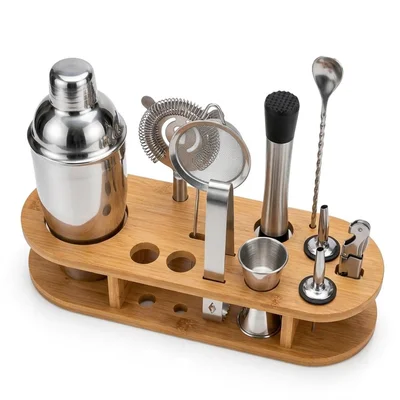 Convierte Tu Cocina En Un Bar Set De Coctelería De 12 Piezas Con Acabado Pulido Y Base De Bambú