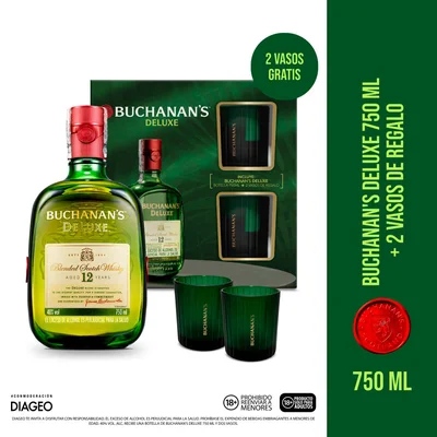 Pack Buchanan's Deluxe Whisky escocés 12 años 750 ml + 2 vasos cortos de regalo