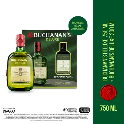 Pack Buchanan's Deluxe Whisky Escocés 12 Años 750ml Gratis Botella de 200ml