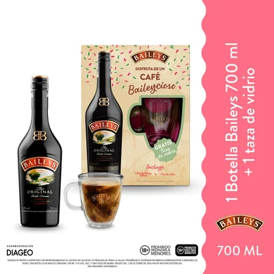 Pack Crema De Whisky Baileys Original 700 ml + 1 Taza de Vidrio de regalo