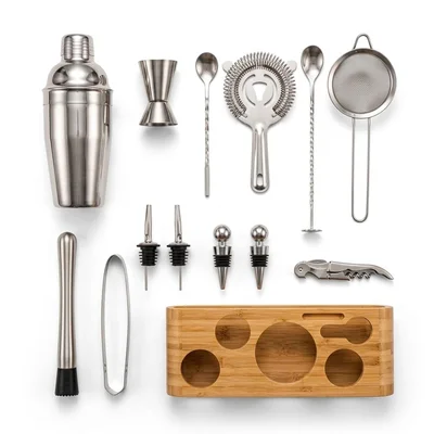 Regalo Perfecto Para Amantes De Los Cocteles Set Bartender De 12 Piezas Con Base Organizadora De Bambú