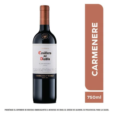 Vino tinto CASILLERO DEL DIABLO reserva Carmenere (750 ml)