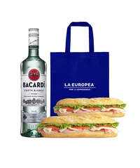 1 RON BACARDI BLANCO 700ML + 2 BAGUETTE DE JAMÃ“N YORK + 1 BOLSA LA EUROPEA