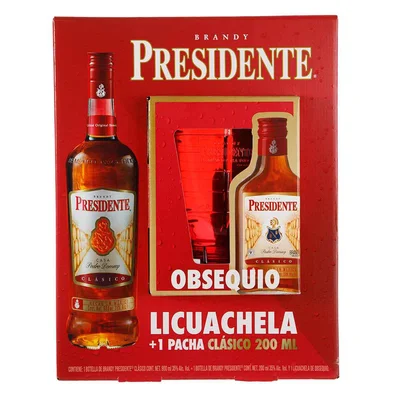 Brandy Presidente 900ml + Pacha de 200 ml + 1 Vaso