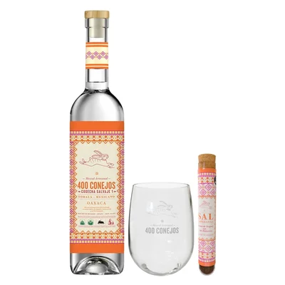 Mezcal 400 Conejos Joven 100% Cosecha Salvaje 700 ml + 2 Vasos + Sal
