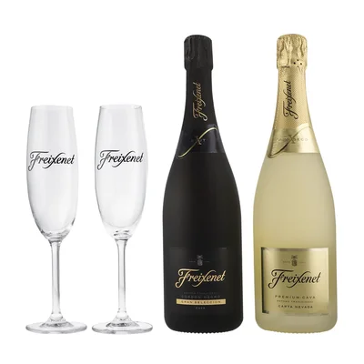 Pack Freixenet Cordón Negro Brut 750 ml + Carta Nevada Semiseco + 2 Copas Flauta Bohemia Crystal