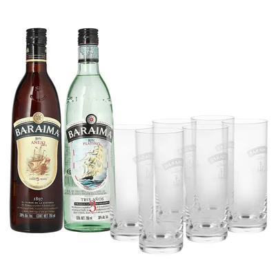 Ron Baraima Añejo 5 Años y Platino 3 Años Set 750ml con 6 Vasos
