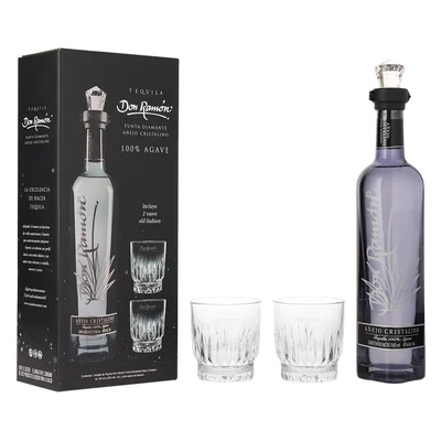 Tequila Don Ramón Añejo Cristalino Punta Diamante 750 ml con 2 Vasos