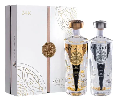 Tequila Solarum Extra Añejo Cristalino 750 Ml Con Tequila Solarum Blanco 24K 750 Ml