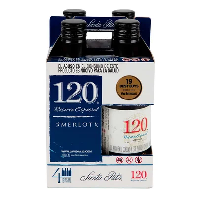 Vino Tinto Chileno Santa Rita 120 Reserva Especial Merlot 4 Piezas de 187ml c/u