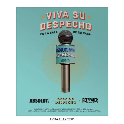 Vodka Absolut 750ml + Gin Beefeater Dry Gin 750ml + Un Micrófono Sala de Despecho